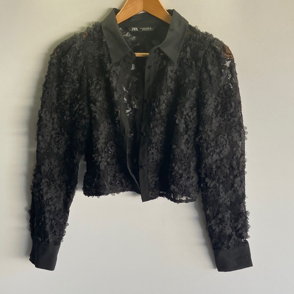Zara Black Textured Lace Top